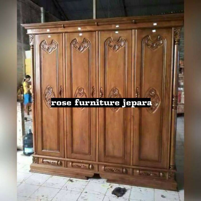 lemari pakaian 4 pintu kayu jati asli, lemari pakaian mebel jepara