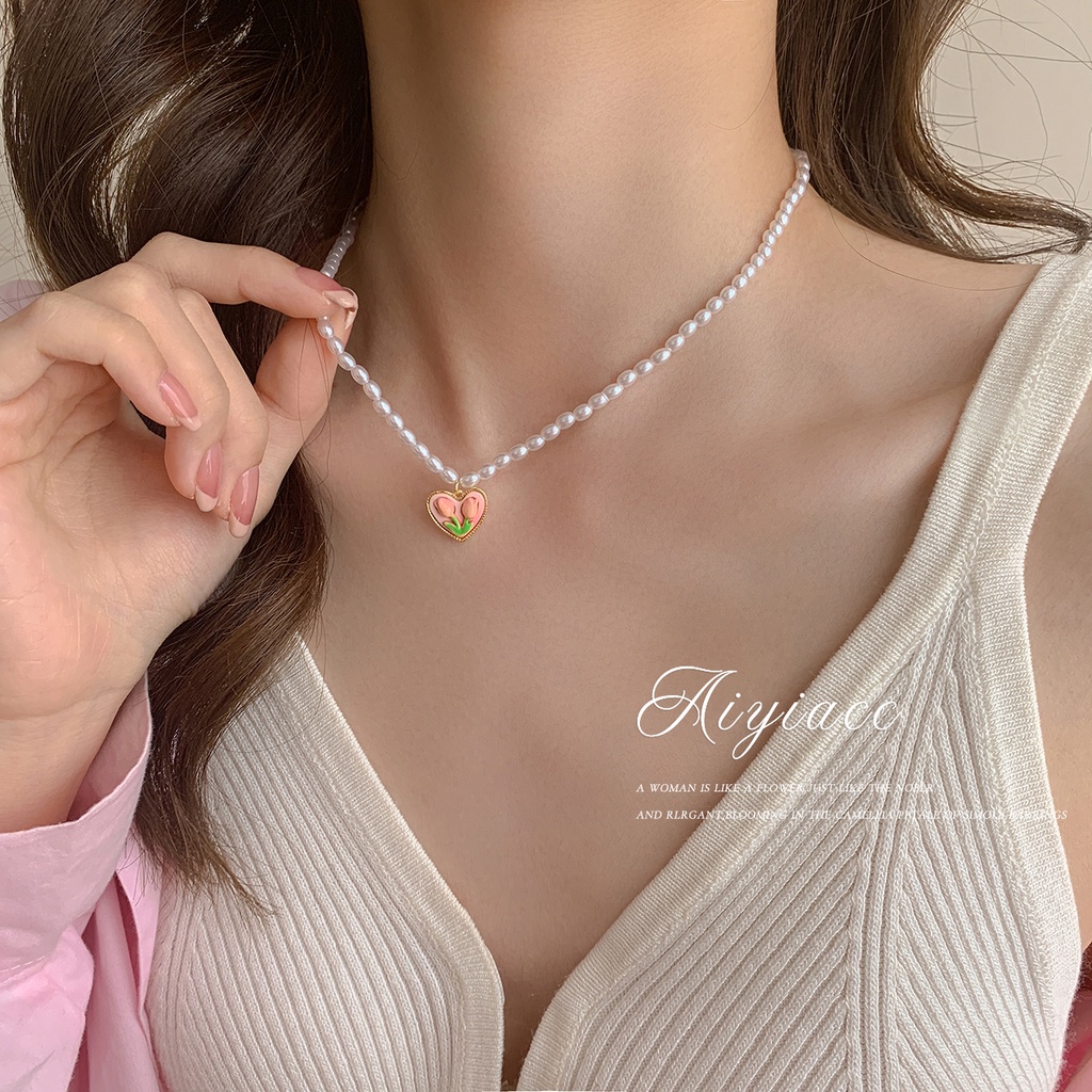 Kalung Choker Rantai Manik-Manik Mutiara Liontin Hati Tulip Pink Untuk Aksesoris Perhiasan Wanita