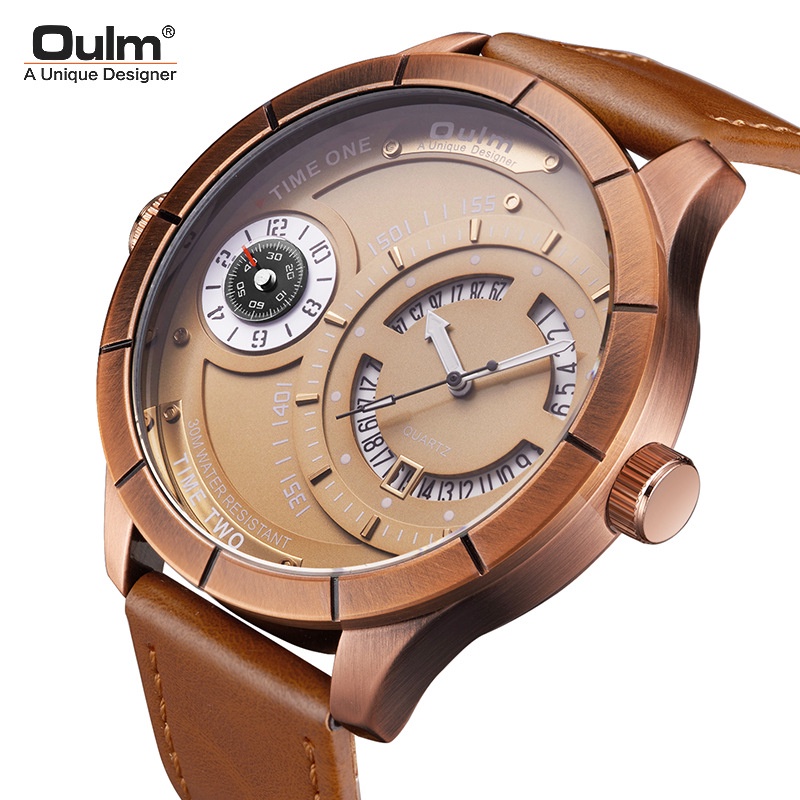 

Oulm 2022- Kalender Quartz Watch Pria Kasual Kepribadian Besar Dial Watch Dual Time Zone