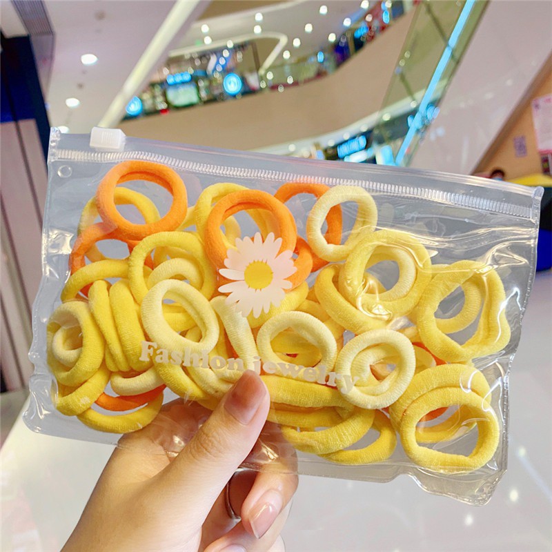 OVERFLOWS.ID 50 Pcs Tali Rambut Donut Dengan Pouch Bunga Daisy Import Ikat Rambut Set Import-50PCS-Mix Kuning