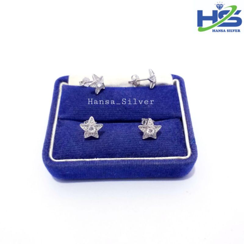 Anting Tusuk Perak Asli Silver 925 Lapis Emas Putih Model Giwang Bintang - Perak Asli 925 Anti Karat