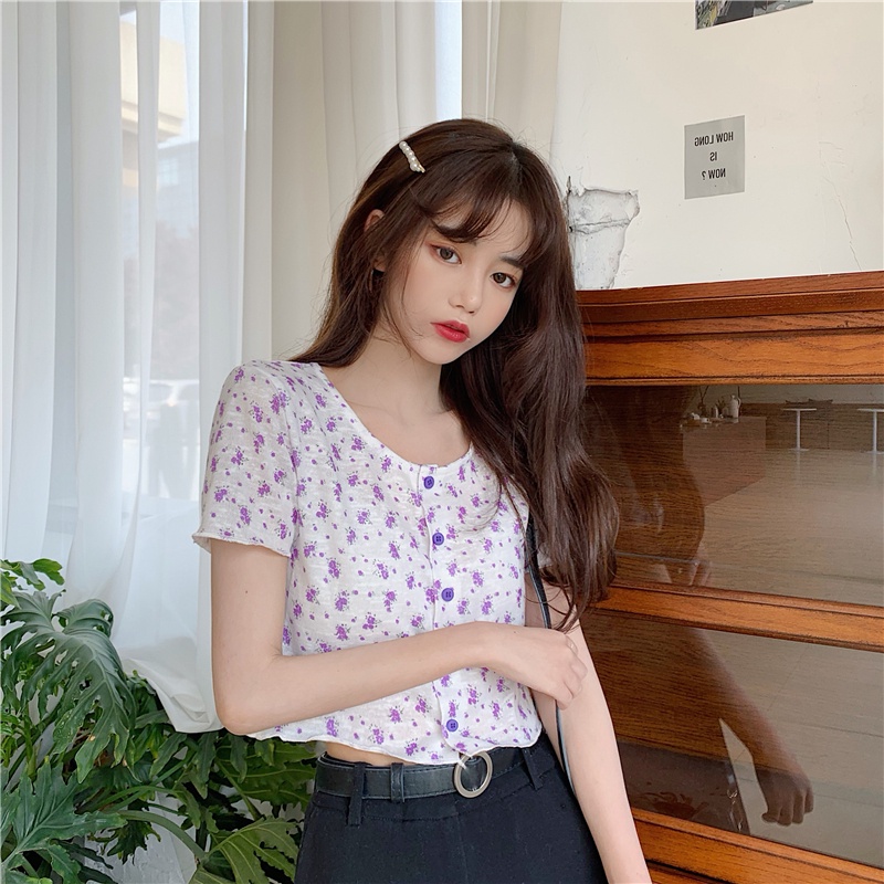 yikoo-Atasan cetak vintage crop top floral wanita korean