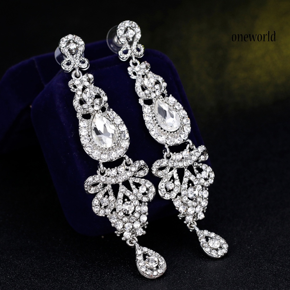 OW@ Women Retro Full Rhinestones Long Dangle Drop Chandelier Earrings Bridal Jewelry