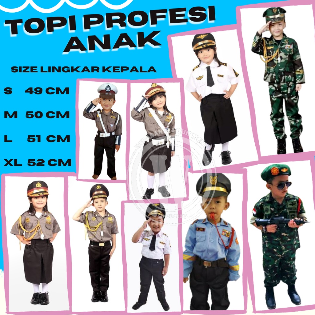 topi profesi anak topi POLISI/TNI/PILOT/DLL anak Laki/Perempuan terlaris termurah