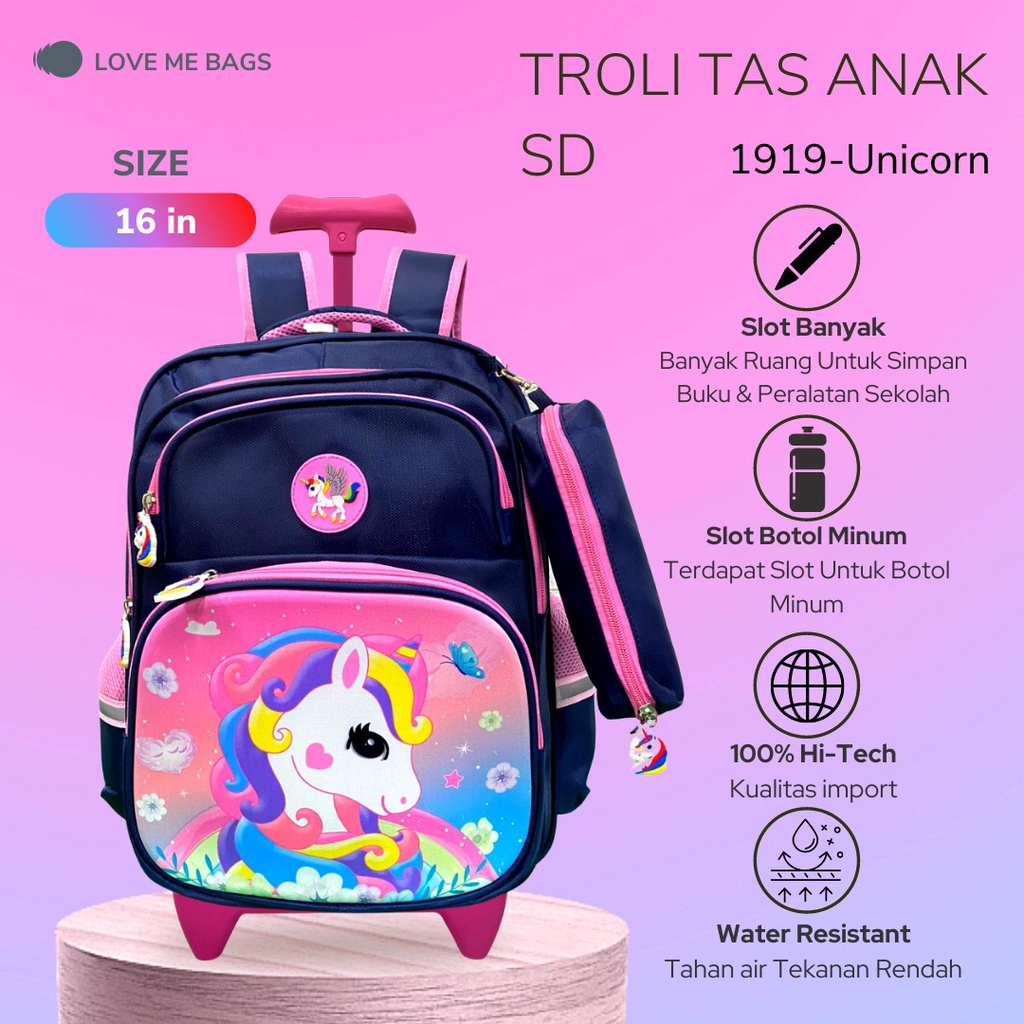 LMB Tas Troli Anak Perempuan Sd Roda Dorong Trolley Gambar Unicorn Kuda Pony Timbul 6D Import