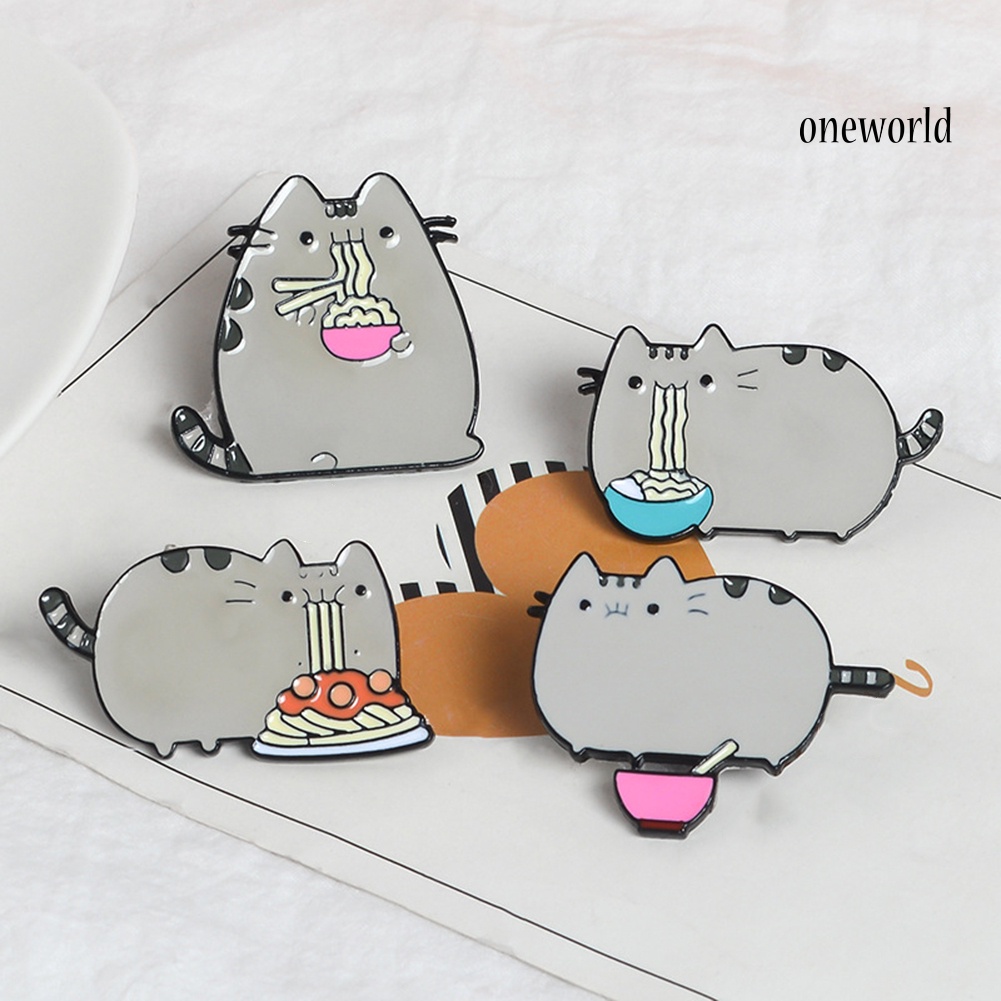 OW@ Cute Cartoon Fat Cat Eat Noodles Enamel Brooch Pin Collar Lapel Badge Jewelry