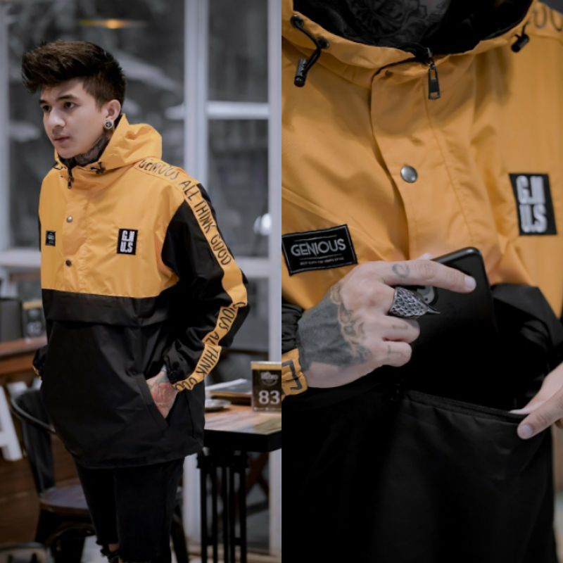 Jaket pria IKC 002 distro cbr Bandung hoodie dua sisi bolak balik keren grosir jaket cagoule erigo Jaket Pria Parasut Anti Air-CG Kuning Hitam