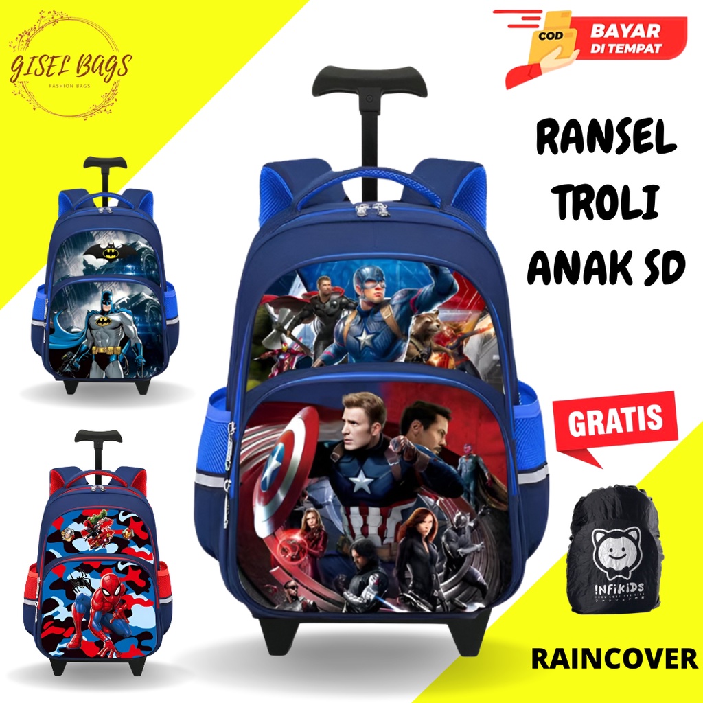 GB-Tas ransel troli anak laki laki SD tas ransel troli anak laki karakter superhero tas ransel troli anak import