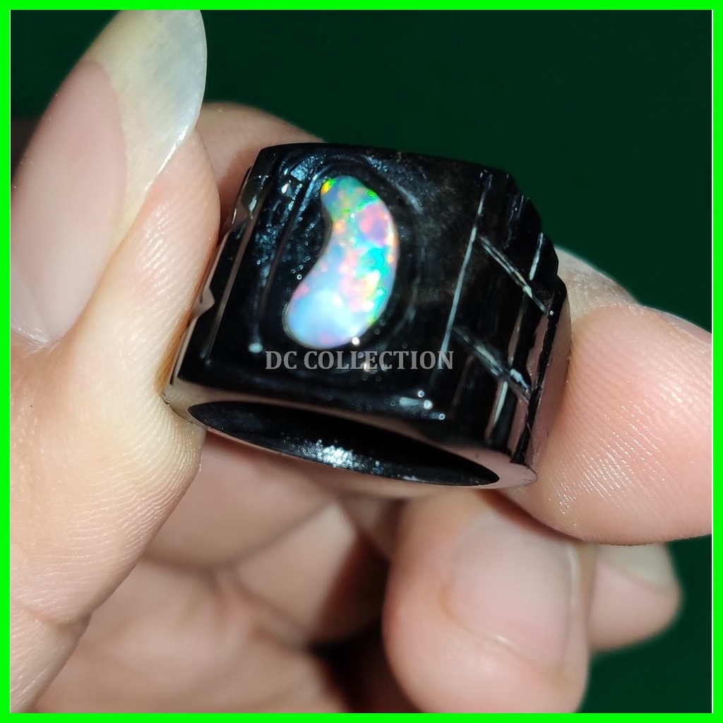 CINCIN BATU AKIK PERMATA NATURAL KALIMAYA BANTEN KRISTAL SUSU OPAL RING TANDUK HITAM