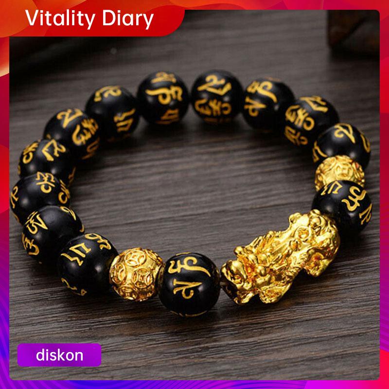 COD Gelang Pria Wanita Imitasi Obsidian Gelang Keberuntungan Pixiu Berlapis Emas Enam Karakter Mantr