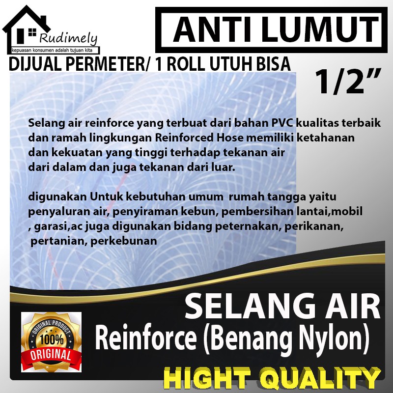 (harga per 5 meter)Selang reinforce Selang Air Anti Lumut Benang Nylon 1/2 inch Selang Air Taman