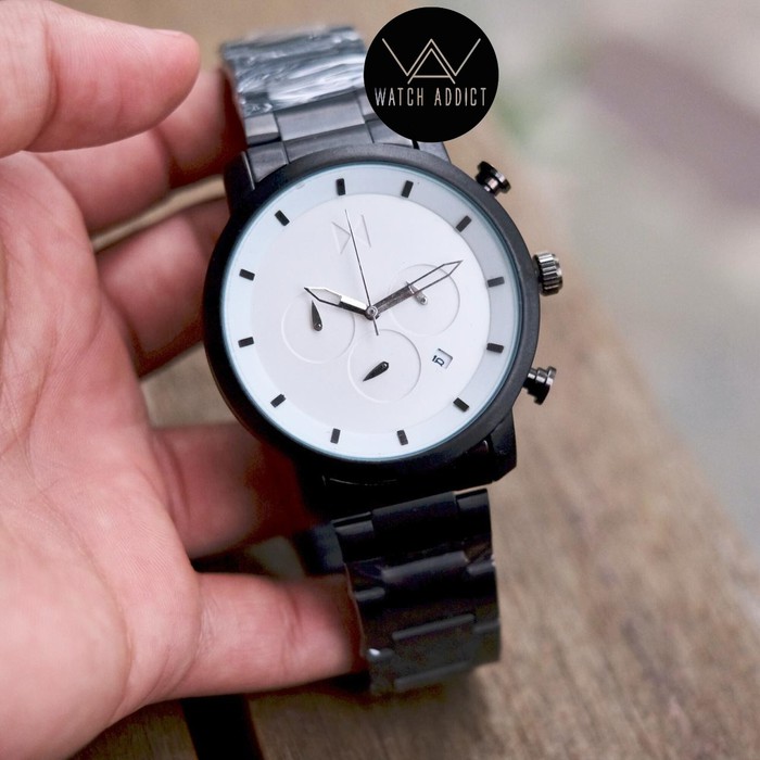 Jam Tangan Pria Cowok MVMT Chrono Stainless Hitam Plat Putih