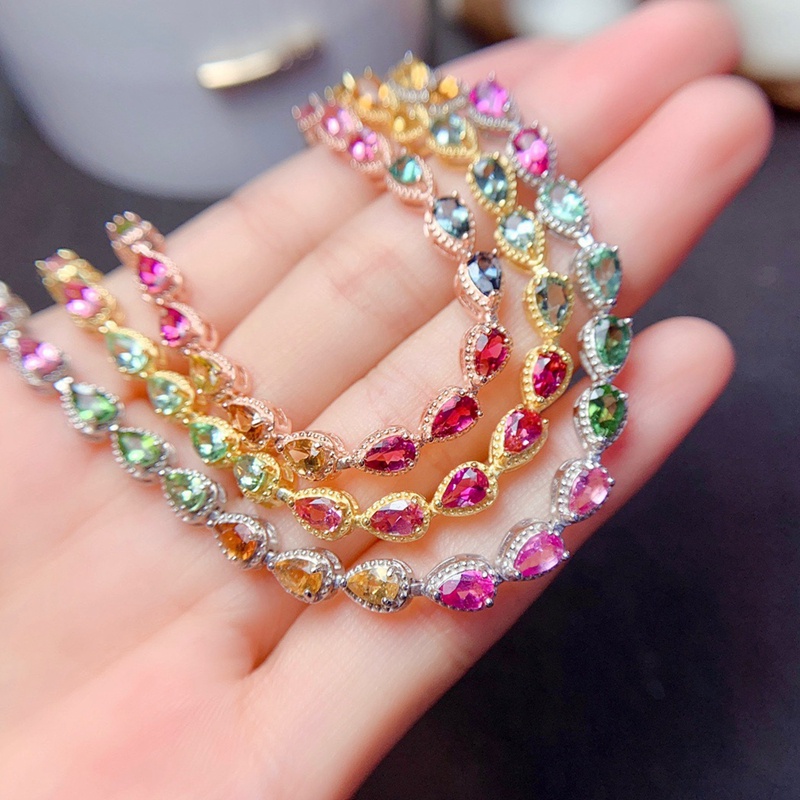 Gelang Rantai Lapis Silver S925 Hias Turmalin Warna Pelangi Untuk Wanita