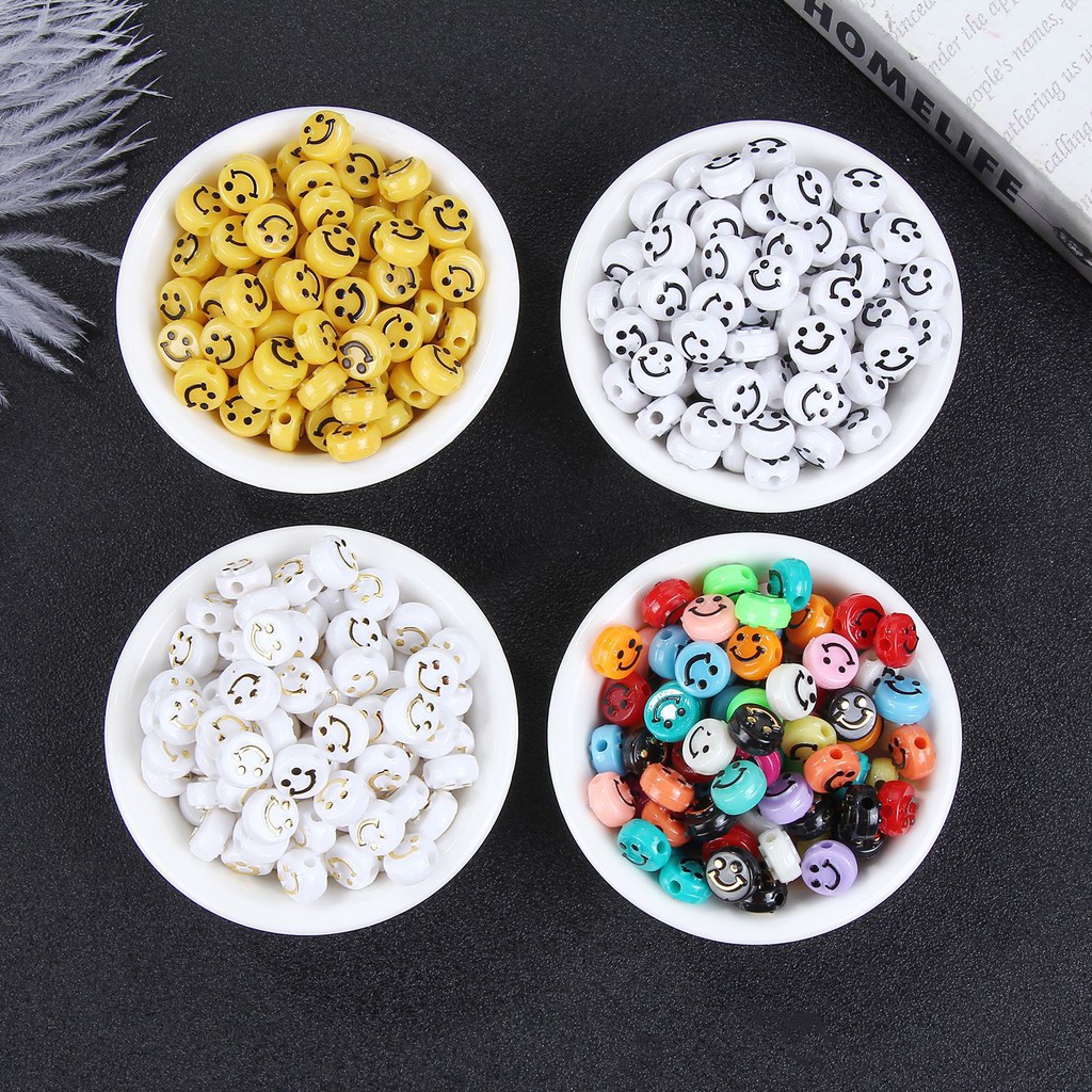 40 Pcs Manik-Manik Motif Smiley Face Warna-Warni Bahan Akrilik Ukuran 10mm Untuk Membuat Perhiasan Handmade DIY