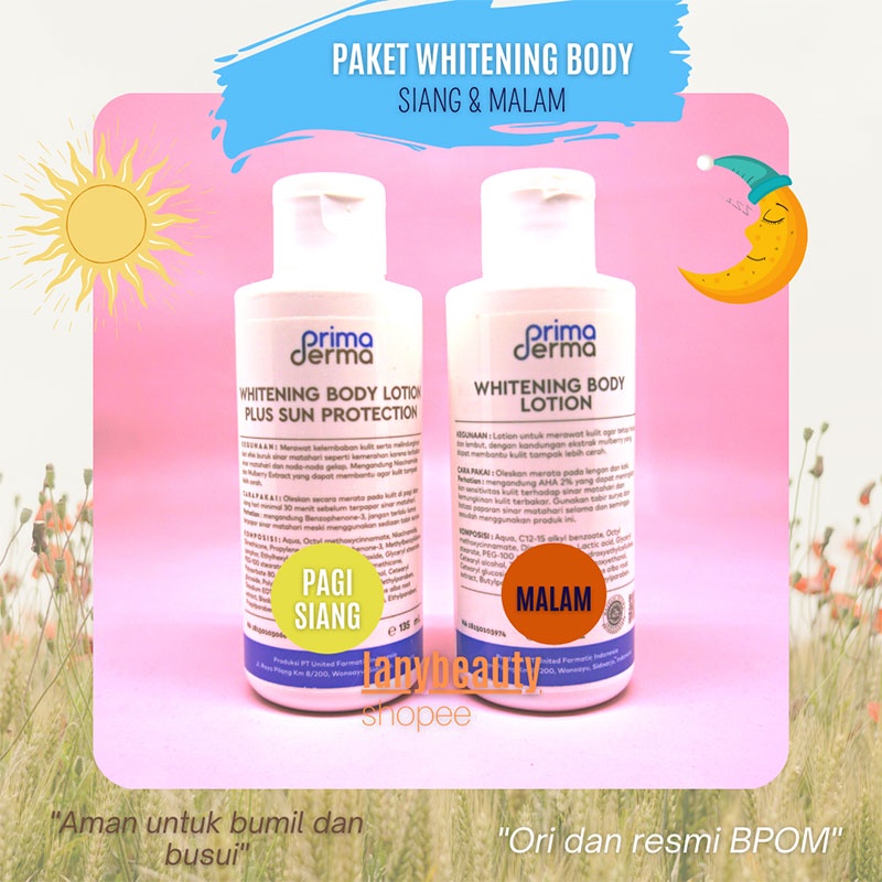 Paket Primaderma Whitening Body Lotion Pemutih Tubuh untuk siang dan malam ori BPOM isi 2 macam