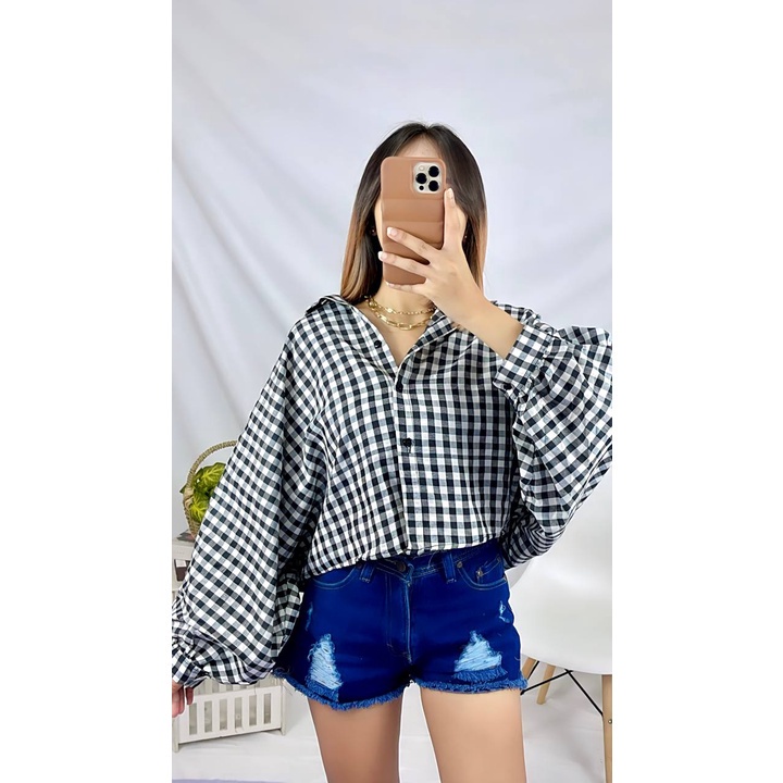 BEFAST - ZSO OOTD Kemeja Crop DIVIAN / JENNIE BATWING TARTAN OVERSIZE / Kemeja Tartan Wanita / Fashion Wanita Ala Korean style / Kemeja Crop Kekinian Wanita / Atasan Lengan Panjang Balon / Kem Motif Kotak-Kotak / Keluaran Terbaru 2022 / Outfit Remaja ABG