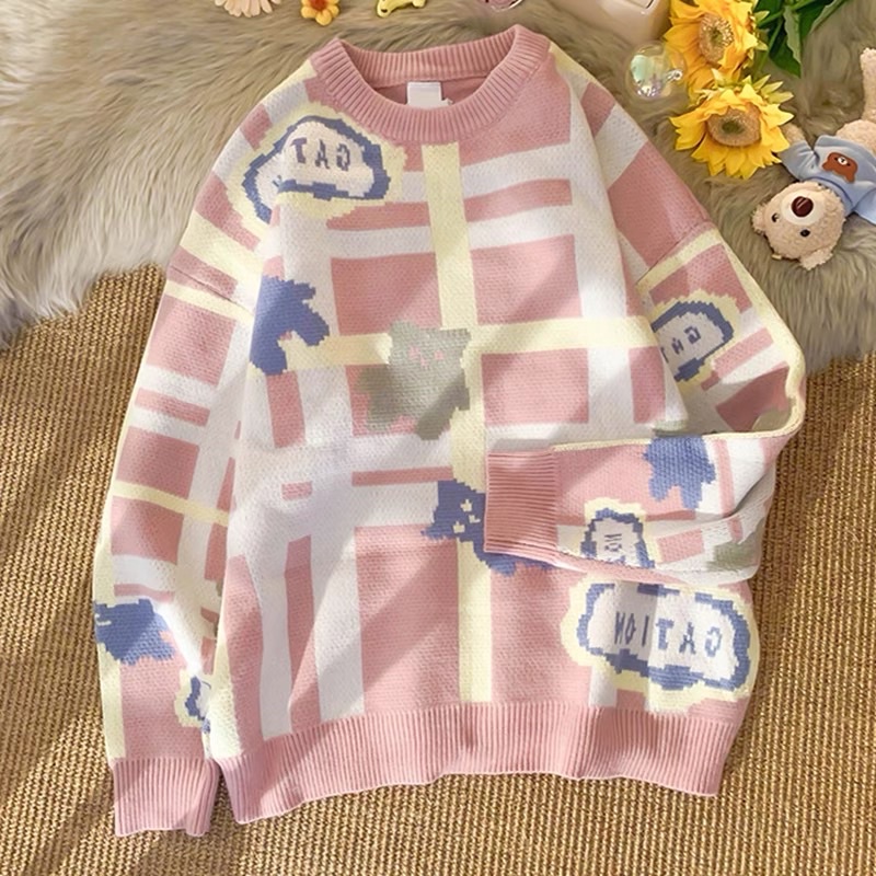 Sweater oversized couple rajut import korea cat kawaii harajuku style atasan oversize big size