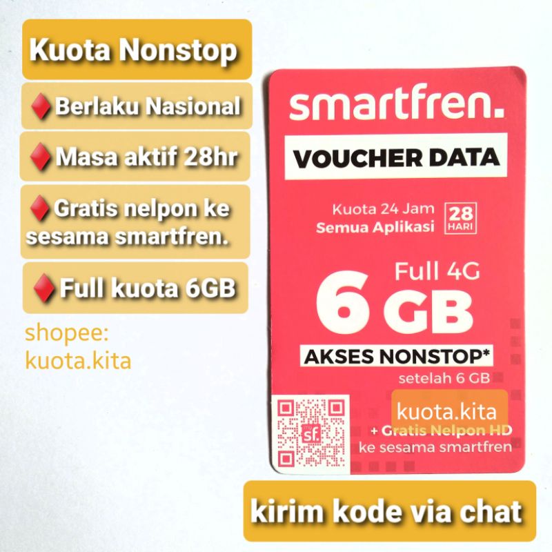 VOUCHER SMARTFREN 6GB NONSTOP (KIRIM KODE VIA CHAT) VOCHER PAKET DATA KUOTA SMARTFREN 6 GB