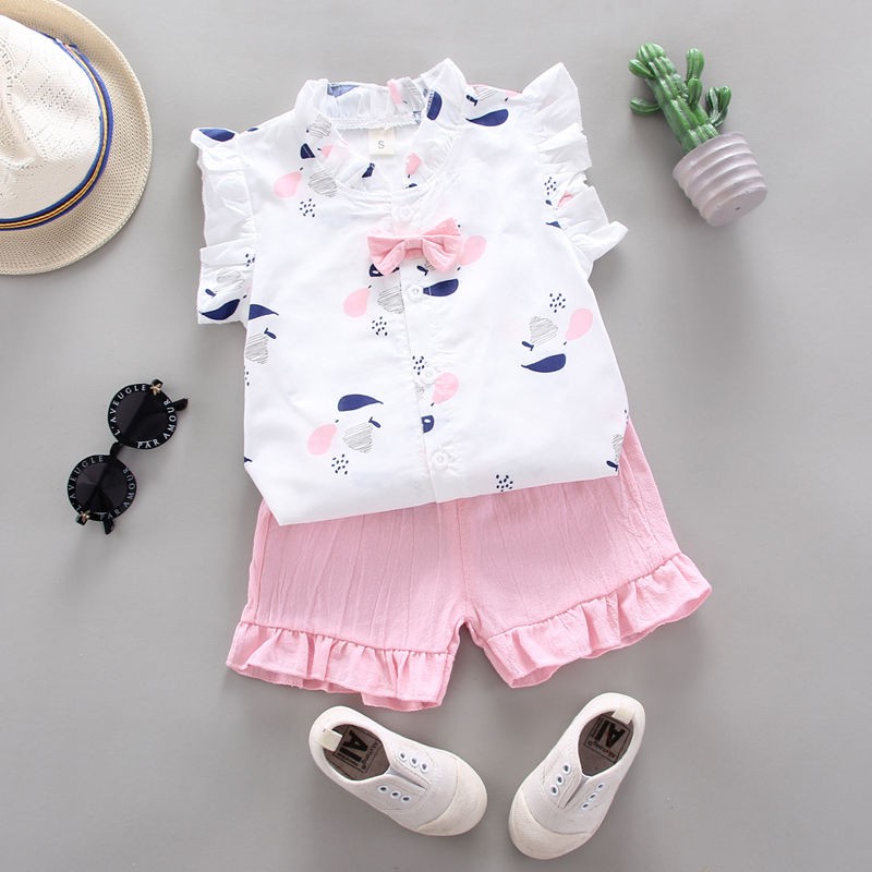 KF CAT Baju Setelan Anak Perempuan Kemeja+Celana Pendek Bahan Kapas Set Bayi Cewek Busur Import