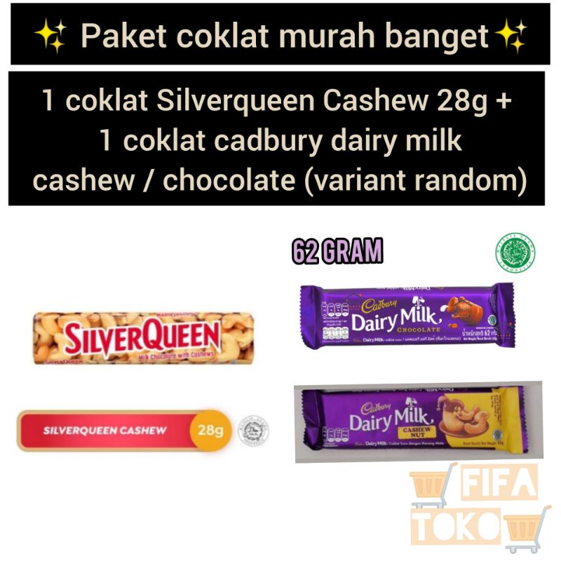 ✨PAKET COKLAT✨ 1 Silverqueen cashew 28g + 1 Cadbury Dairy Milk Cashew nut/ chocolate 62g