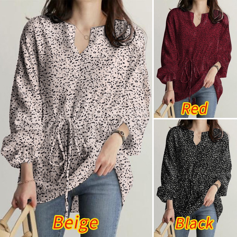 ZANZEA Fashion Women Shirt V Neck Drawstring Waist Printed Full Sleeve Casual Loose Blouse