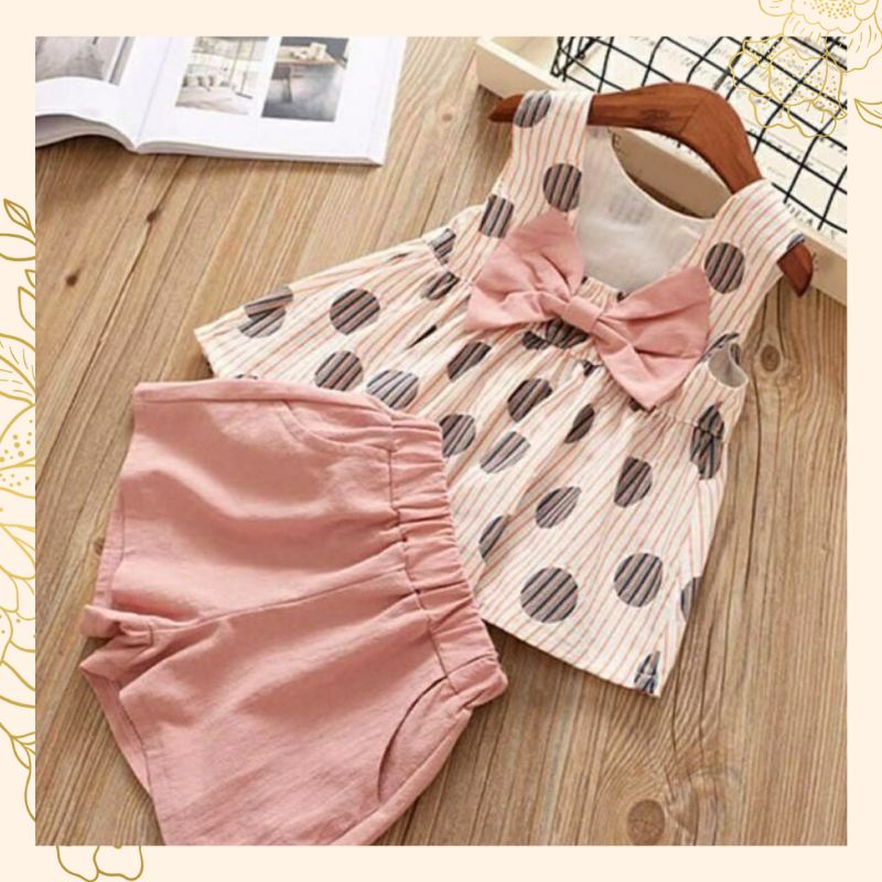 Baju Anak Perempuan Polkadot Ribbon - Setelan Anak Perempuan Usia 3 4 5 Tahun - Baju Anak Perempuan 