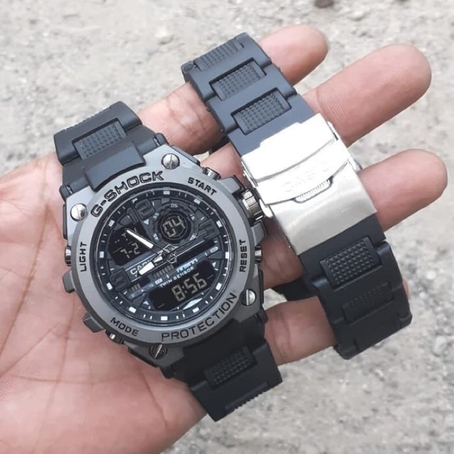 JAM TANGAN GSHOCK PRIA RANTAI MIKA FULL BLACK DUAL TIME