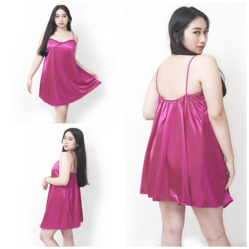 Daster wanita sexy pendek big size baju tidur satin jumbo rok lebar ungu 1525VDR_XL