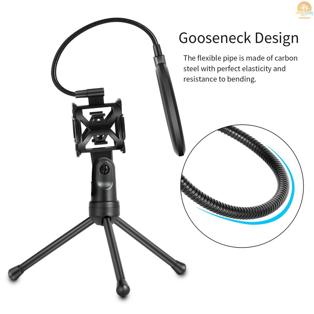 Desktop Microphone Tripod Stand Foldable Mic Stand with Shock Mount Portable Mic Holder Double-Net Pop Filter Gooseneck for Podcasts Internet Chat Meetings Lectures Online Show