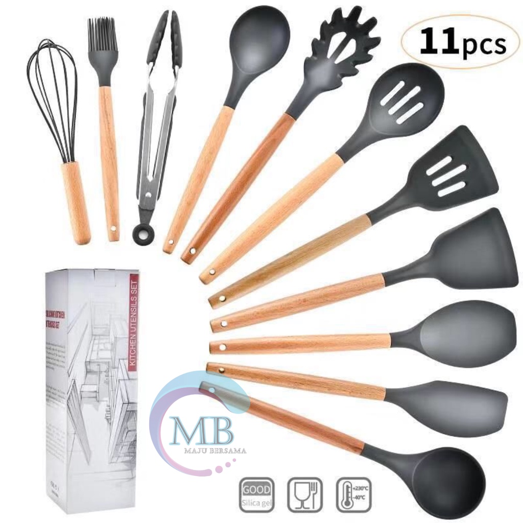 RT82 Kitchen Utensil Silicone wood 12pcs Set Peralatan Dapur Masak Baking Sutil Spatula Sendok Silikon Set Alat Masak 11 in 1 gagang kayu MB2924