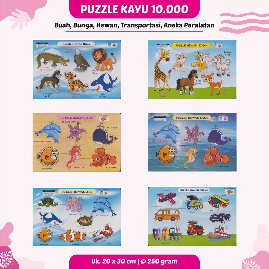PUZZLE KAYU MAINAN EDUKASI ANAK HEWAN BUAS HEWAN JINAK HEWAN LAUT DAN