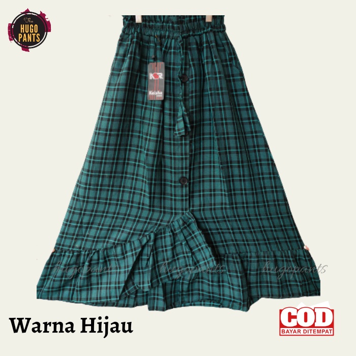 ROK TARTAN PANJANG REMPEL JUMBO KANCING DEPAN WANITA BAHAN SEMI WOLL PAKAIAN WANITA KEKINIAN-HIJAU