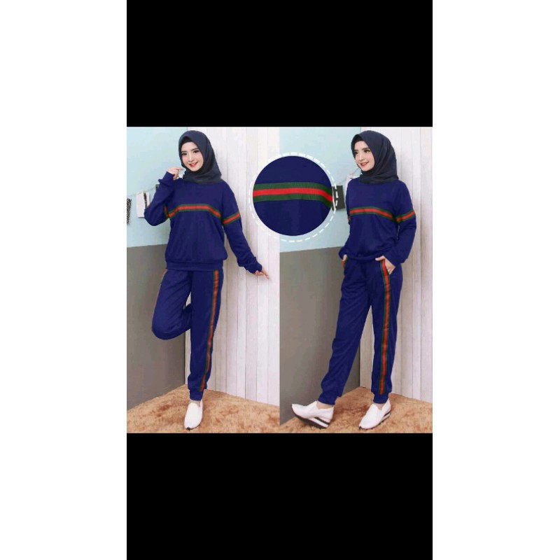 Joger Gucci Set Biru - pakaian wanita / baju olahraga wanita /grosir