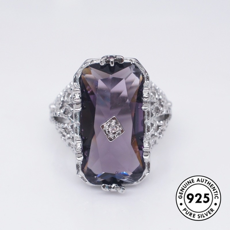 Cincin Silver S925 Bentuk Persegi Panjang Model Hollow Aksen Amethyst