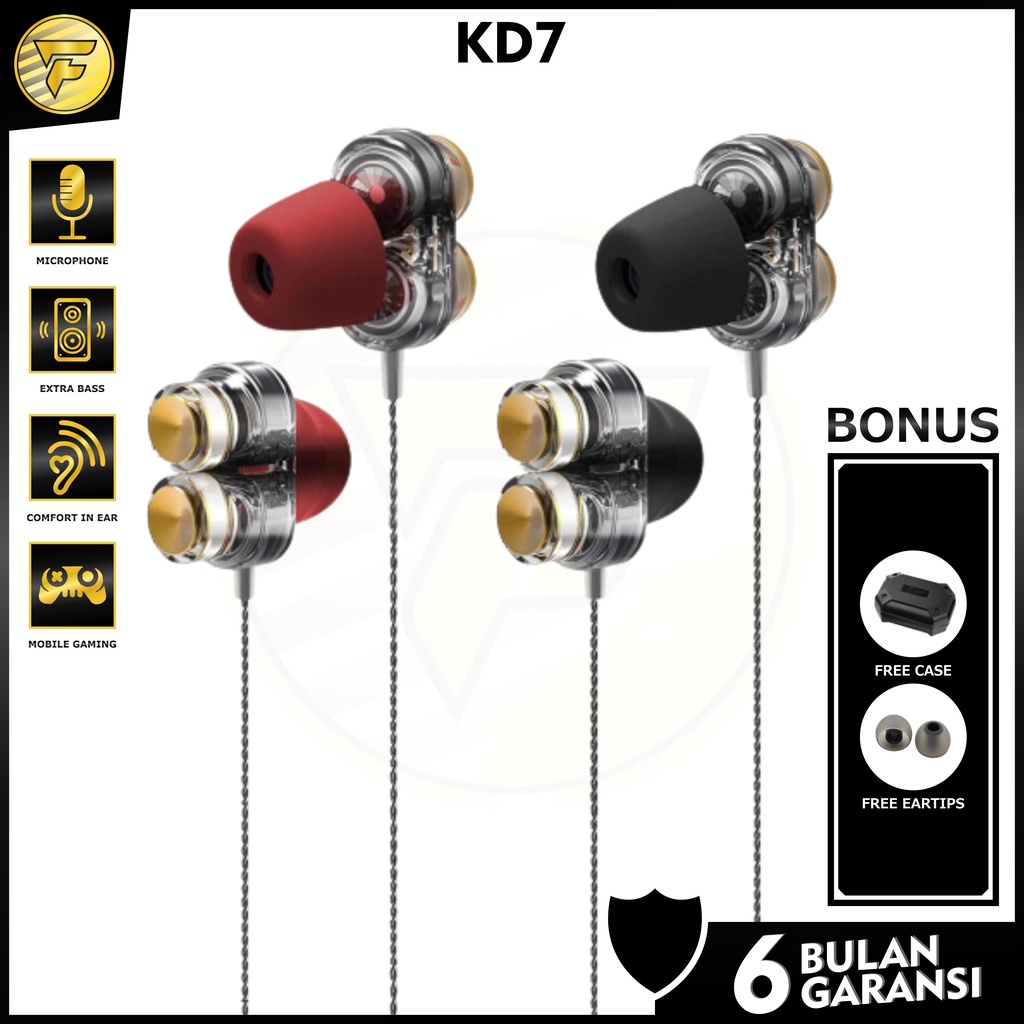 QKZ KD7 earphone DUAL DRIVER stereo bass music telfon headset mic original