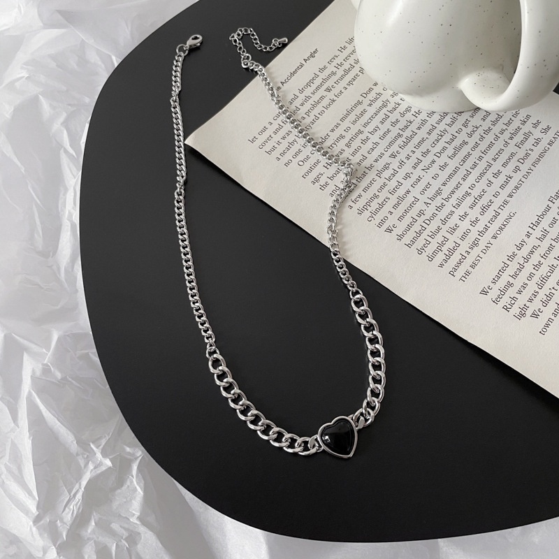 Classic Black Love Stainless Steel Necklace Bracelet Metal Clavicle Chain Personality Punk Accessories