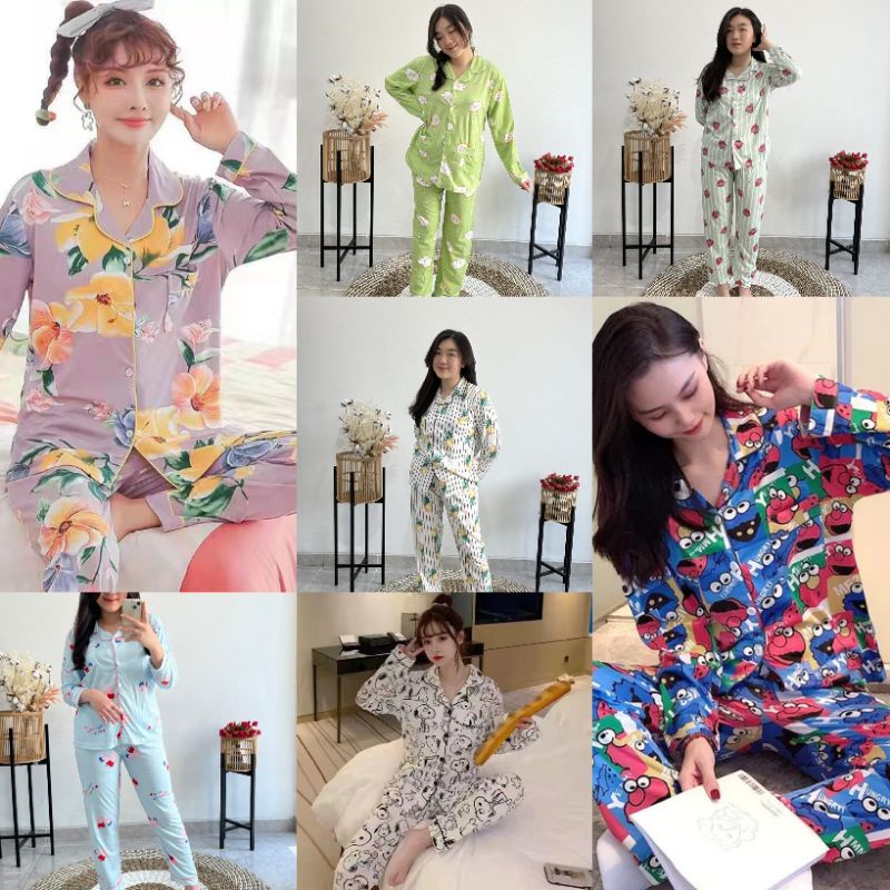 RULIF Piyama baju tidur wanita import fashion krah kancing 006/Setelan Baju Tidur wanita Import Lengan Panjang Celana Panjang Krah Kancing