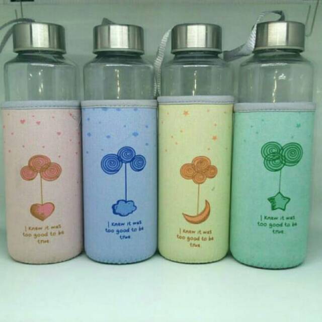 Botol Minum Anak Lucu Kaca Air Goodiebag Bottle Gudiebag suvenir Souvenir 400 ml 400ml Sarung Hati