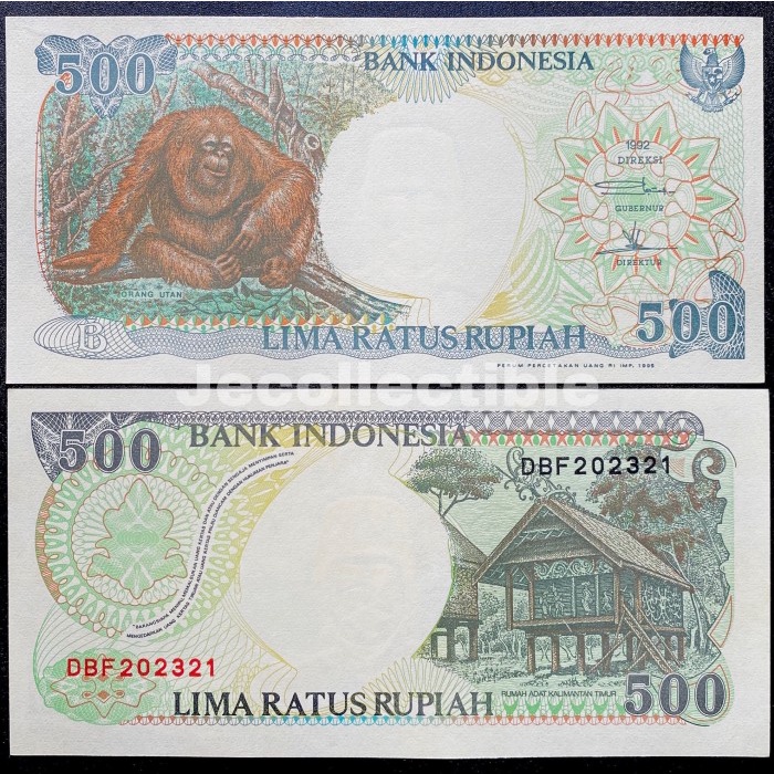 KUNO-UANG- UANG KUNO 500 RUPIAH 1992 ORANG UTAN UNC GRESS -UANG-KUNO.