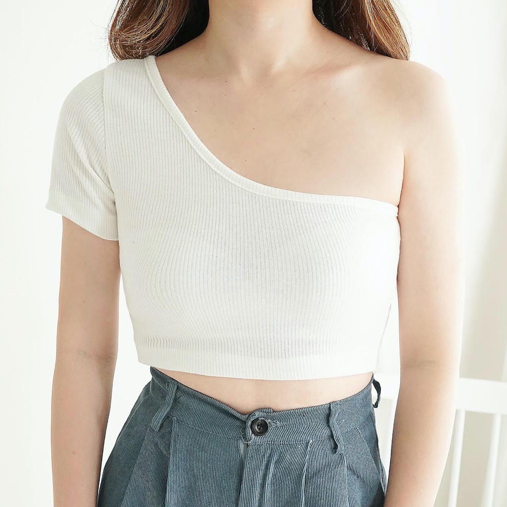 Korean Croptop Knit One Shoulder Wanita Crop Tank Top Rajut 128