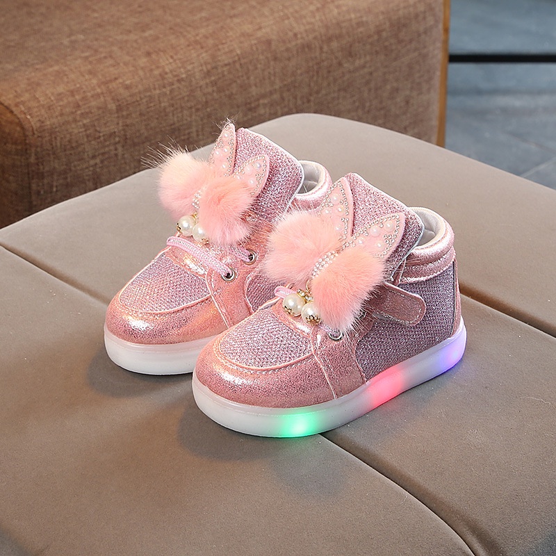 CG LED17-Sepatu LED Anak Perempuan Fur Rabbit Ear