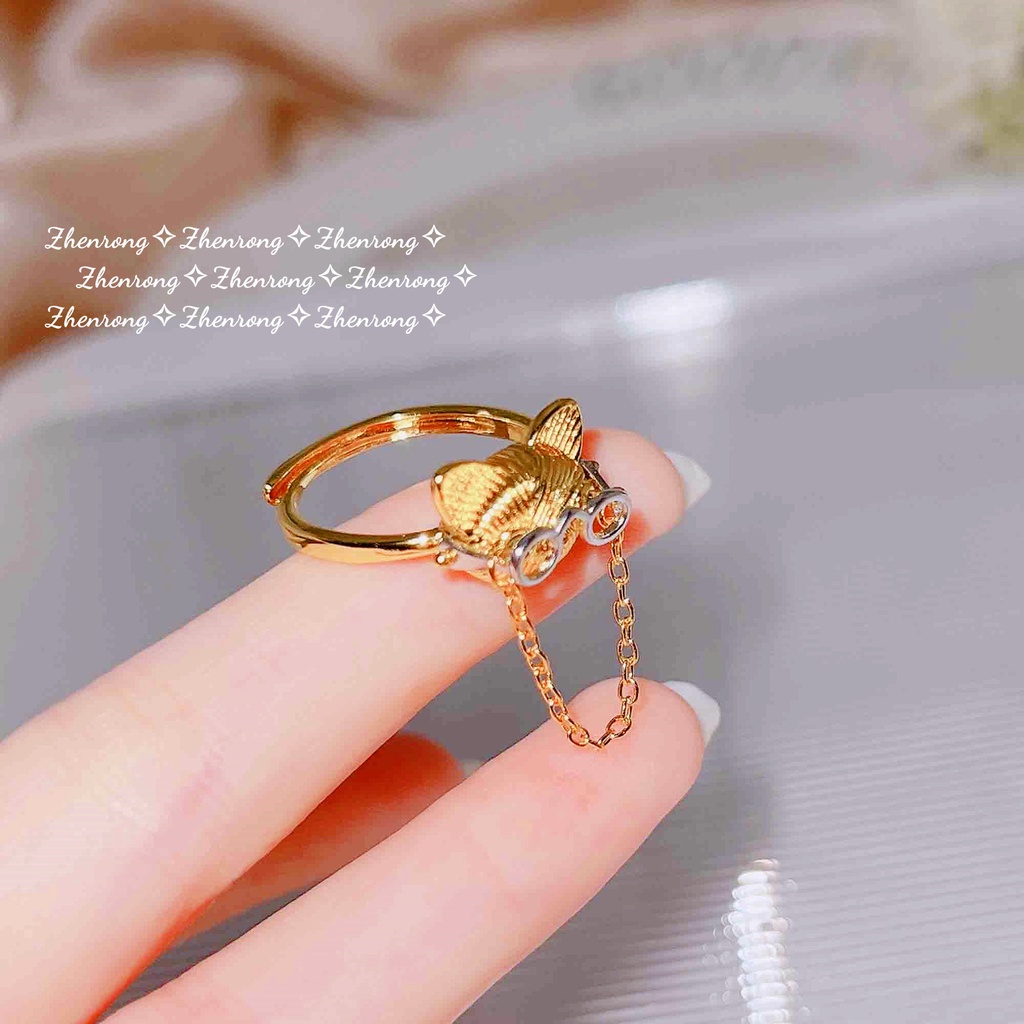 Goldkingdom Perhiasan Fashion Emas Asli Kadar 375 Bangkok Aksesoris Ready Stock Tangan-Kuping Kucing Dr Cincin Perempuan Zamrud Indah Kartun Adjustable Ring