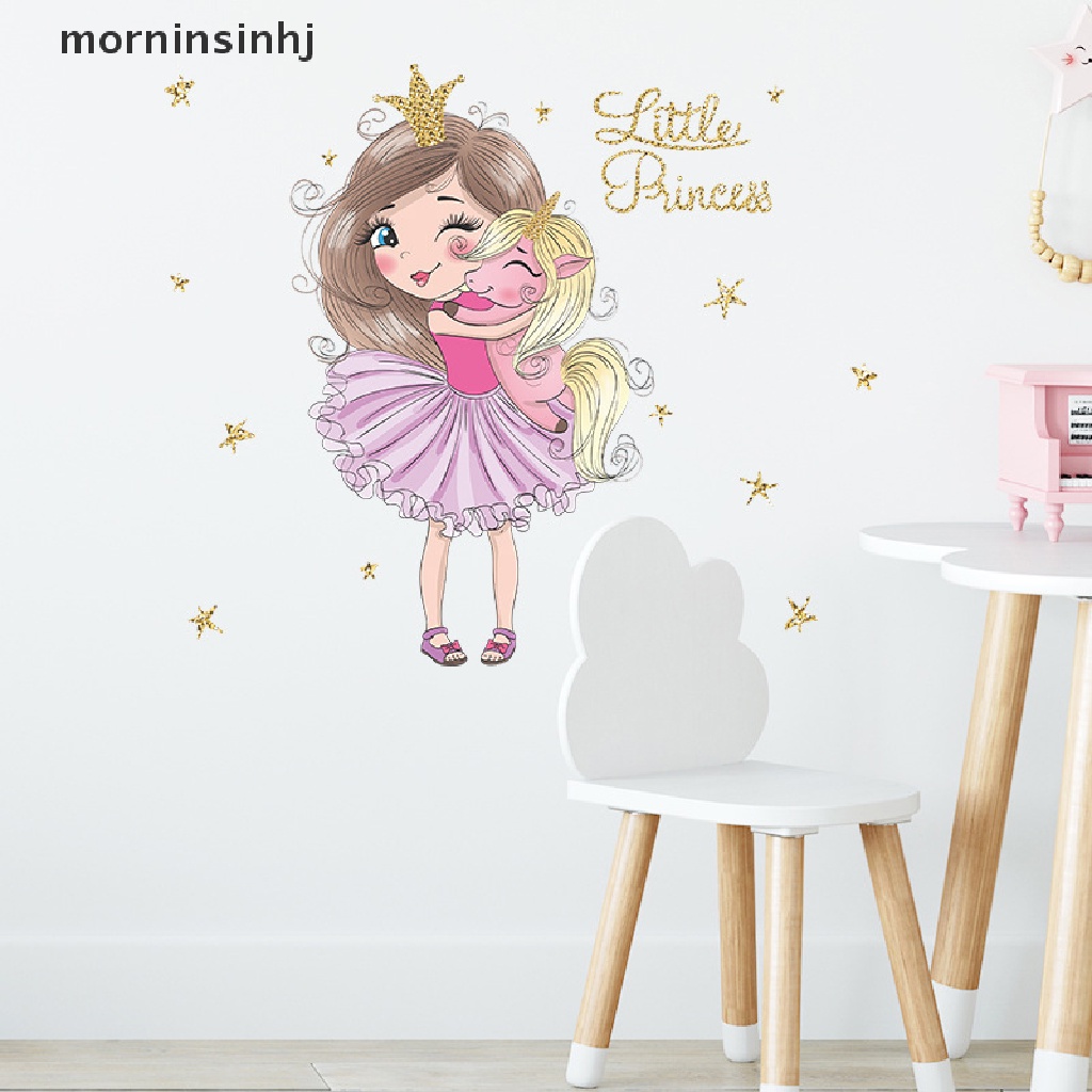 Mor Stiker Dinding Desain Princess &amp; Little Unicorn Lucu Untuk Kamar Tidur