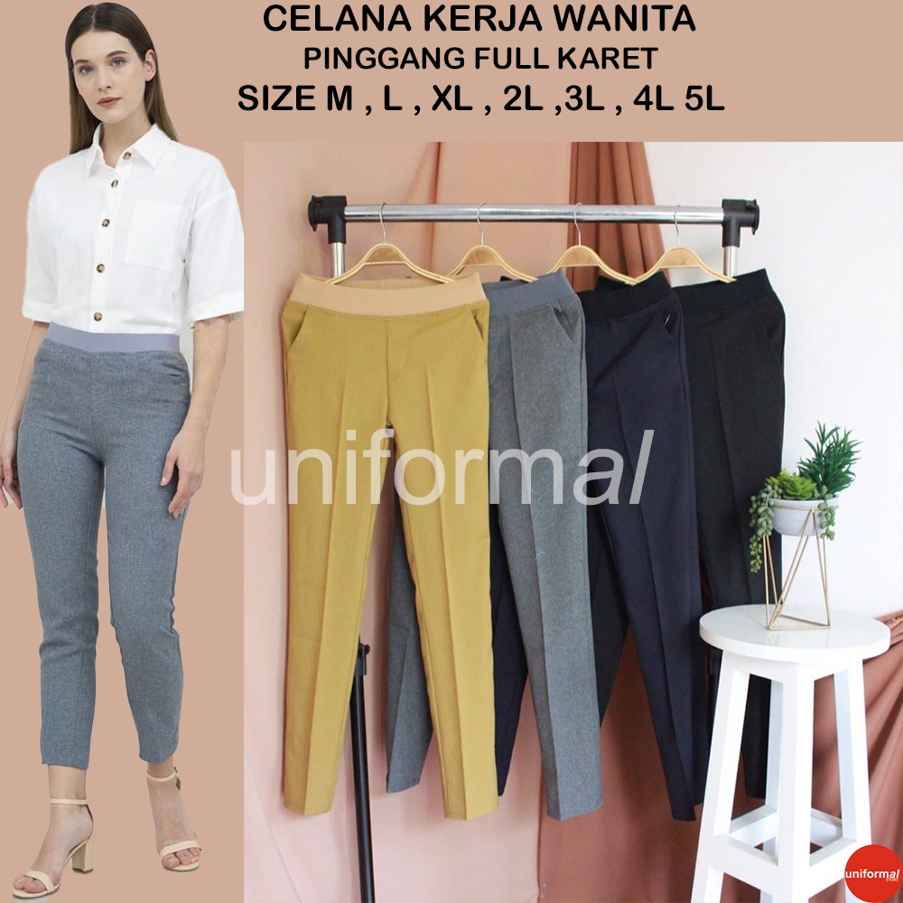 Celana Kantor Wanita, Celana Kerja Formal Bahan Model Pinggang Karet Ukuran M - 5L JUMBO Bahan Gabardine Premium 6 Warna / Dasar / Formal / Kantor / Kantoran / Lurus / Slimfit / Allia / The Executive / Termurah / Terlaris Murah Original / Elizabeth Pants