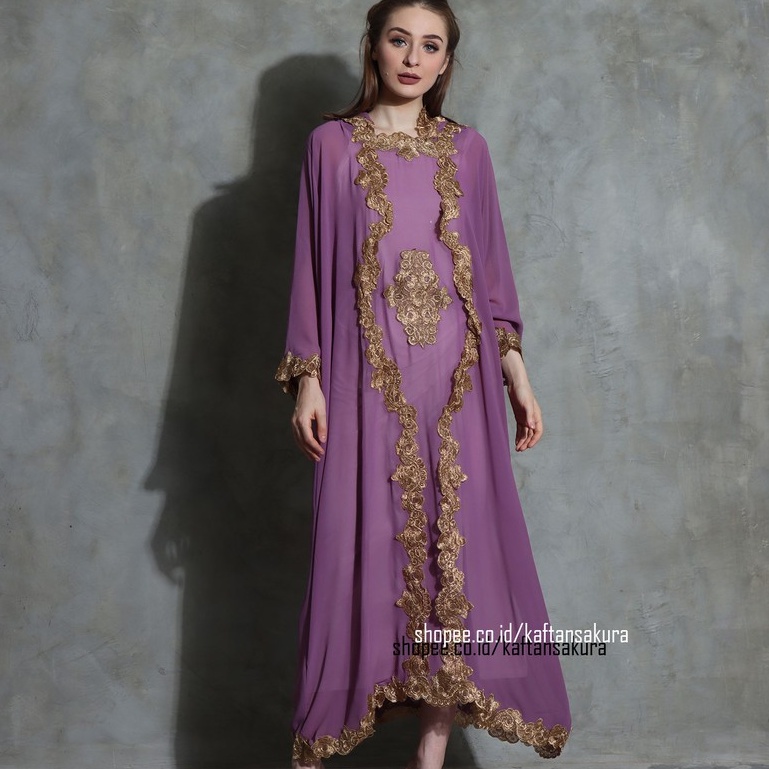 KAFTAN KAPUCONG HOODIE WARNA UNGU MUDA BORDIR MELINGKAR BAHAN SIFFON LEBARAN 2021 GRABSOMEDAY
