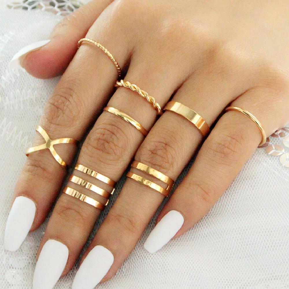 8Pcs/Set Fashion Simple Round Hole Geometric Ring Set  / Ladies Smooth Fine Thin Finger Ring / Elegant Gold Sliver Color Party Rings