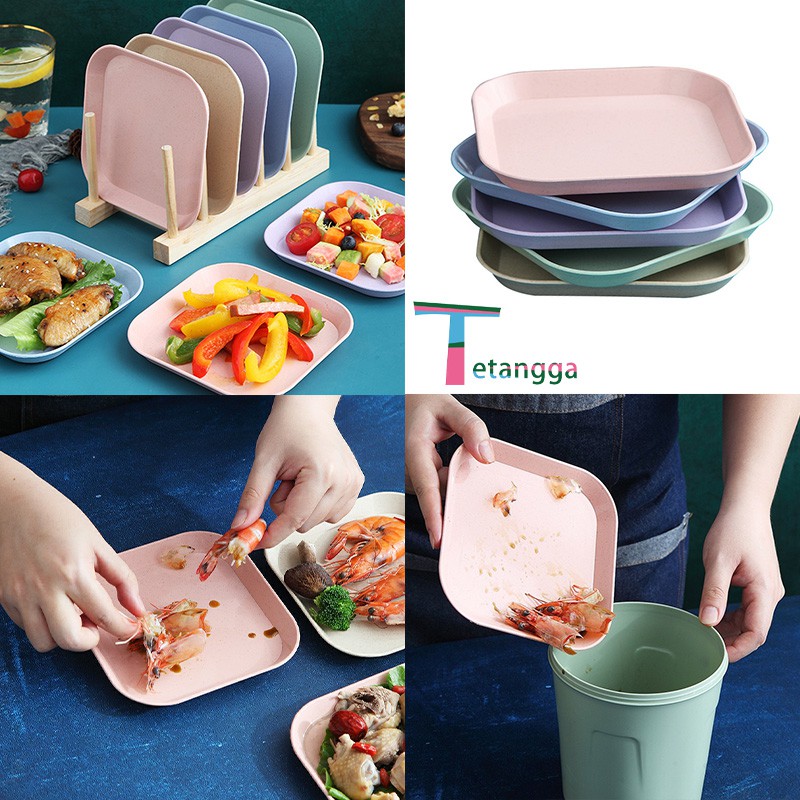 Piring Makan Bentuk Kotak Wheat Straw Square Plate Warni Set 4 In 1 Square Plate Dinner Plate VS-21