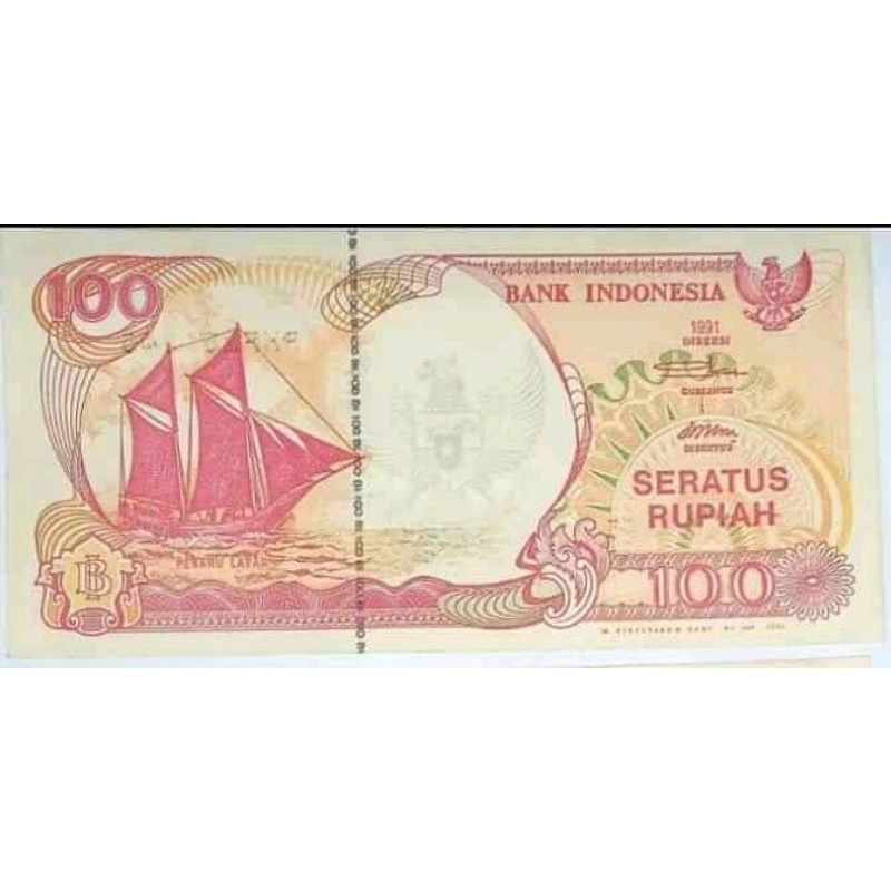 UANG KERTAS INDONESIA 100 RUPIAH PERAHU LAYAR TAHUN 1991 GAMBAR TENGAH GARUDA VIRAL