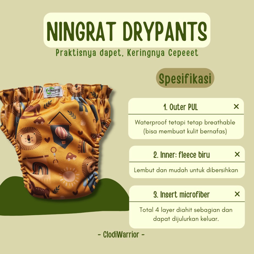 Ningrat DRYPANT Clodi Cepat Kering Popok Kain Bayi Cuci Ulang Model Celana Ukuran reguler  jumbo SNI