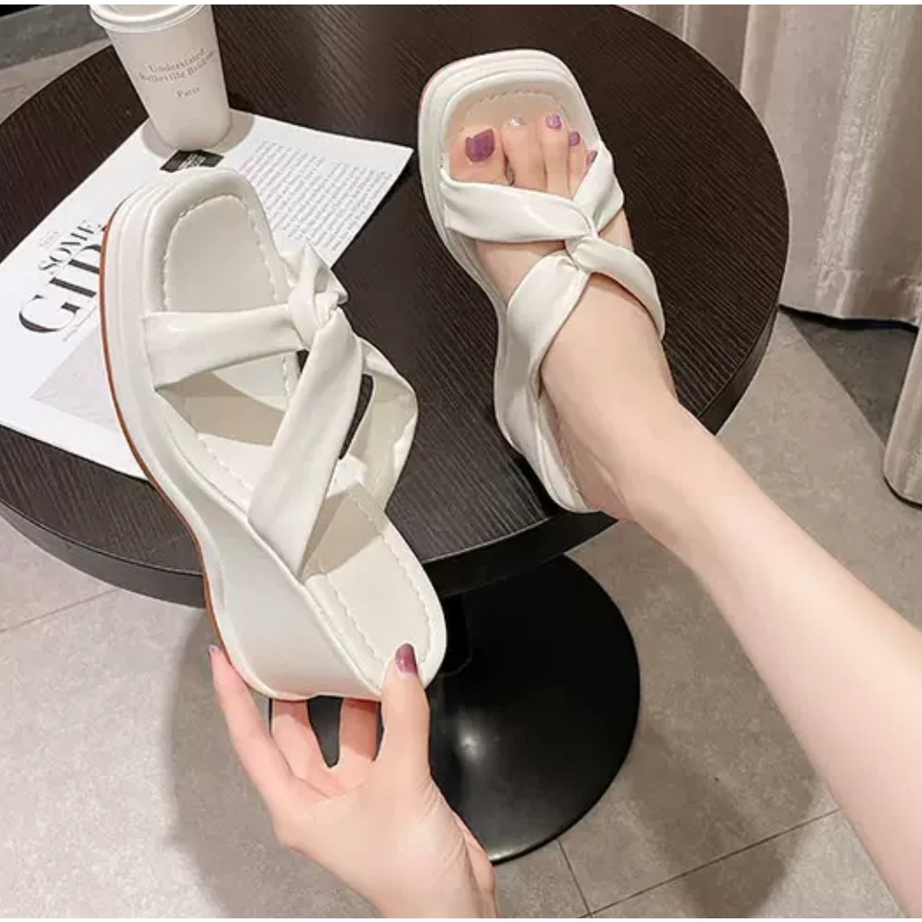 AGI2231 Wedges Wanita Fashion Import Knot Slip On Ready Jakarta Bisa COD (With Box)